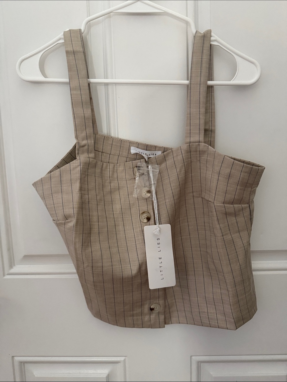 Little Lies Beige Pinstripe Button Crop Top